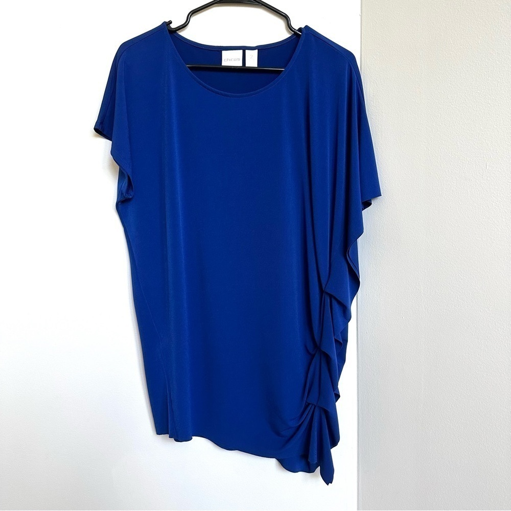 Chico’s Cascading Side Ruche Knit Blouse Royal Blue